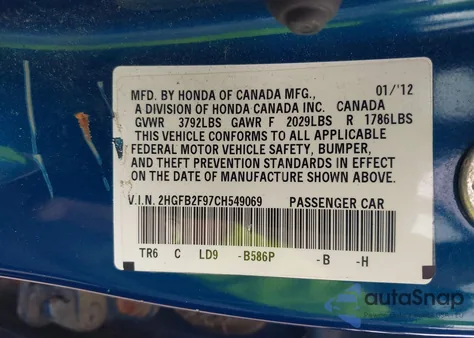 2012 Honda Civic Ex-L z USA, uszkodzony, nr VIN 2HGFB2F97CH549069